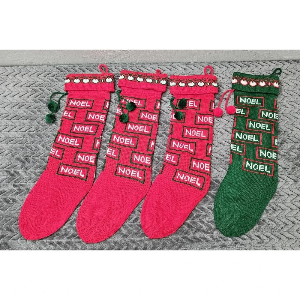 Vintage‎ 4 Knit Pom Pom Christmas Stockings Lot NOEL 3 Red 1 Green Bundle